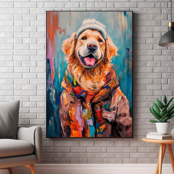 Golden Retriever oil painting, Dog in clothes Wall Art Print,  Digital Art, Funny pet portrait, Cute retriever poster