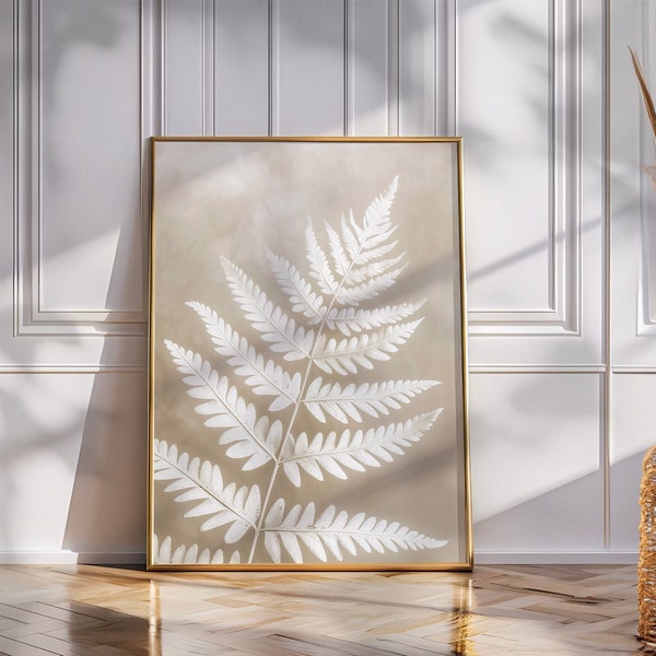 White fern Wall Art, Rustic Home Decor, Plant  Print, Photorealistic plant Print, Botanical Art, Fern frond Design, Fern Leaf Print