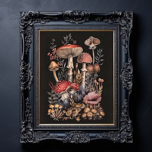 Impresión digital de hongos, póster de arte botánico, estética cottage core, arte de pared imprimible, decoración de pared gótica oscura