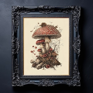 Mushrooms Digital print, Botanical Art poster, cottagecore aesthetic, Printable wall art, Fungi Gothic wall decor