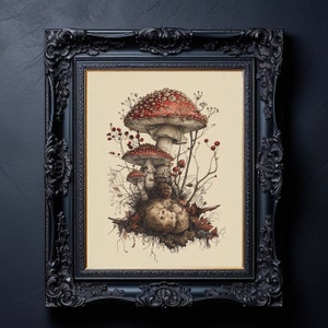 Mushrooms Digital print, Botanical Art poster, Amanita illustration, Printable wall art, Fungi Gothic wall decor