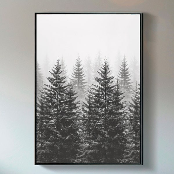 Digital Art, Black and White Misty Forest, Coniferous Trees, Vintage Foggy Forest, Minimalist Vintage Decor, Printable Art, Evergreen Trees