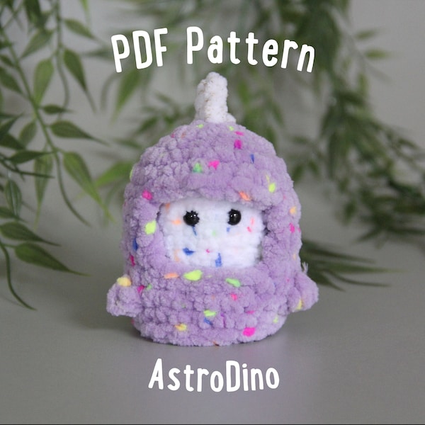 AstroDino Amigurumi Crochet PDF Pattern, dinosaur costume, little inside marshmallow astronaut man, spikes with chunky yarn