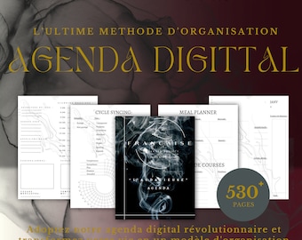 Puede incluir: Un planificador digital con un diseño en blanco y negro. El planificador tiene un título que dice "L'AUDACIEUSE" y "AGENDA DIGITAL". El planificador tiene más de 530 páginas e incluye secciones para la planificación de comidas, la sincronización del ciclo y las tareas diarias.