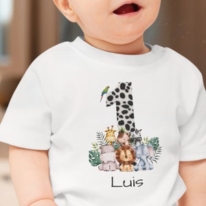 Geburtstag Baby Dschungeltiere T Shirt personalisiert Geburtstagkind personalisierbares Tshirt Dschungel Löwe Elefant mit Name White