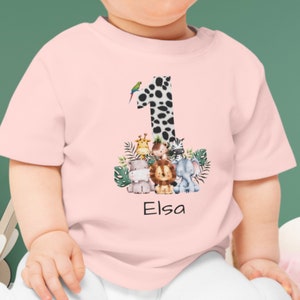 Geburtstag Baby Dschungeltiere T Shirt personalisiert Geburtstagkind personalisierbares Tshirt Dschungel Löwe Elefant mit Name Powder Pink