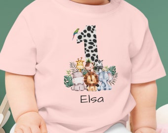 Geburtstag Baby  Dschungeltiere T Shirt personalisiert  Geburtstagkind personalisierbares Tshirt Dschungel  Löwe Elefant mit Name