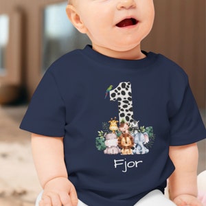 Geburtstag Baby Dschungeltiere T Shirt personalisiert Geburtstagkind personalisierbares Tshirt Dschungel Löwe Elefant mit Name Nautical Navy