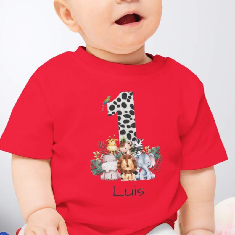 Geburtstag Baby Dschungeltiere T Shirt personalisiert Geburtstagkind personalisierbares Tshirt Dschungel Löwe Elefant mit Name Red