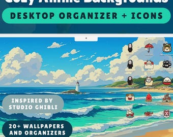 Organizador de escritorio estilo anime acogedor + Paquete de iconos con fondos de pantalla inspirados en Studio Ghibli / Más de 20 fondos estéticos y más de 40 iconos adorables para PC y Mac