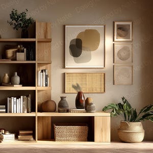 May include: A light wood shelving unit and cabinet are filled with decorative vases, books, and a woven basket. Abstract art and potted plants enhance the room's design. The style is minimalist and modern, with a neutral colour palette.