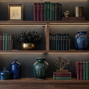 Sfondo Zoom con libreria in noce scuro / Sfondo virtuale di lusso per ufficio domestico / Sfondo per Teams / Download digitale / Libreria