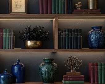 Fondo de Zoom con estantería de nogal oscuro / Fondo virtual de lujo para oficina en casa / Fondo para equipos / Descarga digital / Biblioteca de estanterías