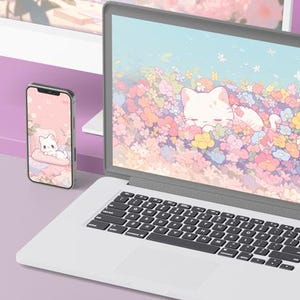 Kawaii Cat Anime Wallpaper - Anime-inspired - 20 Whimsical Wallpaper Designs - Ultrawide, Phone, Desktop, Tablet - Instant Download