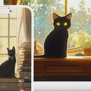 Anime Black Cat Wallpaper-bundel: 20 schattige Lofi-bibliotheekkattenachtergronden, telefoon- en bureaubladachtergrond, direct downloaden, MacBook, ultrabreedbeeld