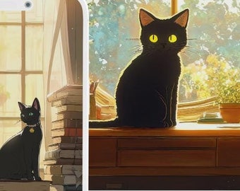 Paquete de fondos de pantalla de gato negro de anime: 20 adorables fondos de pantalla de gatos de biblioteca Lo-Fi, fondos de pantalla para teléfono y escritorio, descarga instantánea, Macbook, Ultrawide