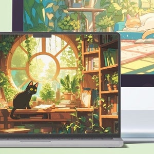 Book Cat Wallpaper Bundle - Studio Ghibli Vibes - 20 Whimsical Lofi Book Cat Anime Wallpapers for Phone, Desktop, Ultrawide, Tablet Download