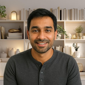 May include: A man wearing a gray Henley shirt smiles at the camera. Behind him is a white bookshelf filled with books, plants, and decorative items. The background is well-lit, creating a bright and inviting atmosphere.