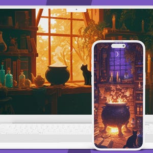 Op de afbeelding: Een laptop met een scherm dat een digitale illustratie van een magische scène met een ketel, een kat en een raam toont. De laptop staat naast een smartphone met een vergelijkbare illustratie van een ketel met vlammen en een kat.