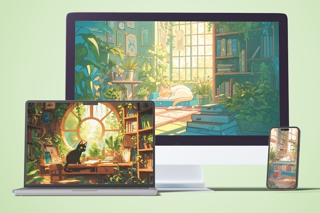 Book Cat Wallpaper Bundle - Studio Ghibli Vibes - 20 Whimsical Lofi ...