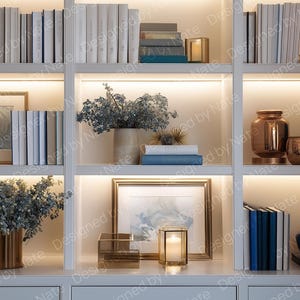 Puede incluir: Una estantería blanca con seis estantes, cada uno lleno de diversos artículos decorativos, incluyendo libros, jarrones, obras de arte y velas. Los estantes están iluminados con luces LED, creando un ambiente cálido y acogedor.