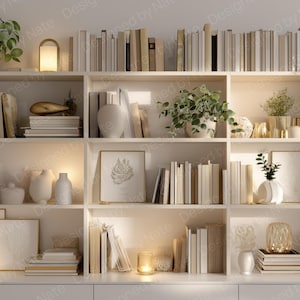 Golden Hour Bookshelf Zoom Background: Neutral Virtual Office (Digital Download)