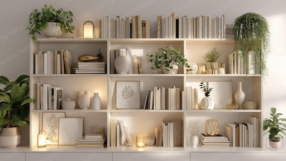 Golden Hour Bookshelf Zoom Background: Neutral Virtual Office (Digital Download)