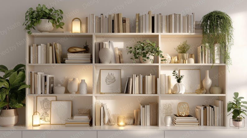May include: A white bookshelf filled with books, decorative vases, framed art, and potted plants. The shelves are illuminated by small lights, creating a warm and inviting atmosphere. The overall aesthetic is minimalist and modern.