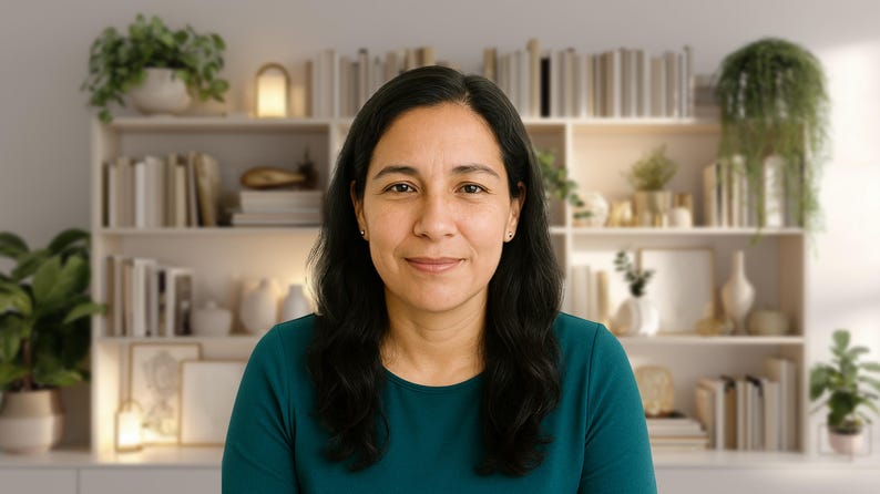 May include: A woman with dark hair and a teal top smiles at the camera. Behind her is a white bookshelf filled with books, plants, and decorative items. The background is softly lit, creating a warm and inviting atmosphere.