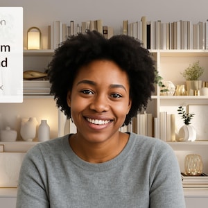 May include: A smiling person in a gray sweater is in front of a bookshelf with books, plants, and decorative items. The image includes text that says "Teams/Zoom Background" and "1920x1080px".