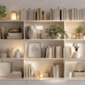 May include: A white bookshelf filled with books, decorative vases, framed art, and potted plants. The shelves are illuminated with soft lighting, creating a warm and inviting atmosphere. The overall aesthetic is minimalist and modern.