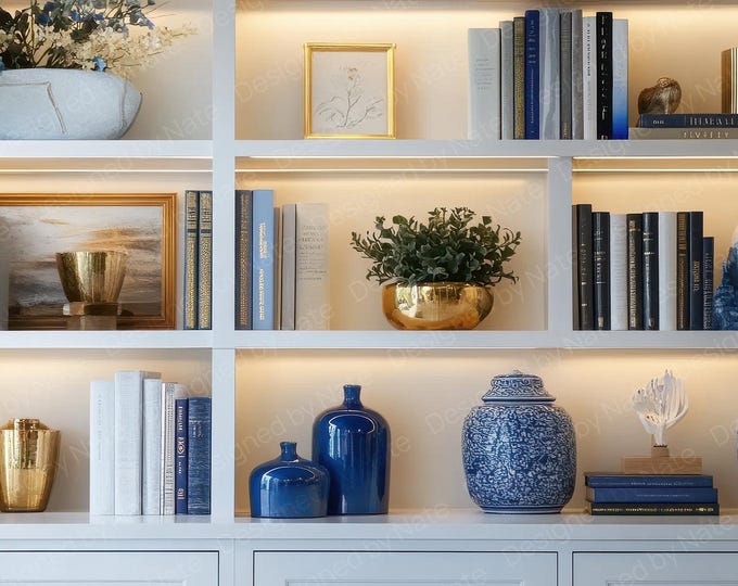 Blue & Gold Shelf Zoom Background | Sophisticated Elegant Virtual ...