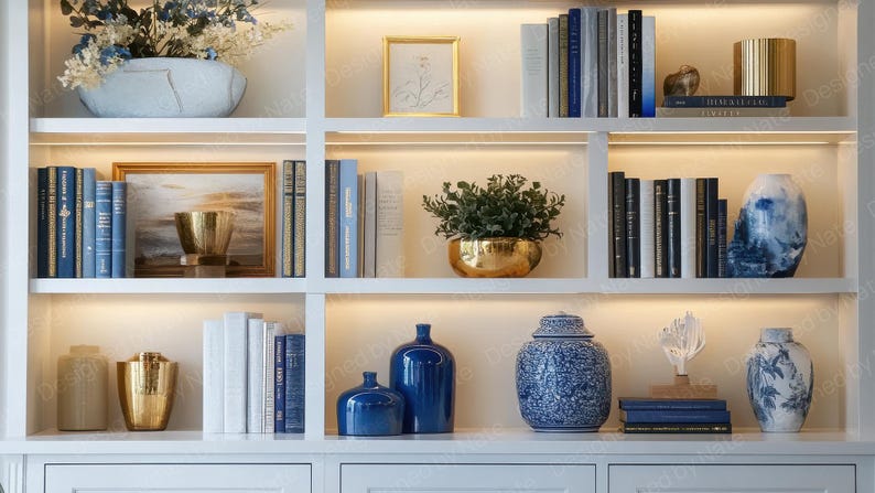 May include: A white bookshelf with five shelves, each filled with various items. The top shelf has books, a gold vase, and a framed picture. The second shelf has books, a gold bowl with a green plant, and a framed picture. The third shelf has books, a gold bowl with a green plant, and a framed picture. The fourth shelf has books, a gold bowl with a green plant, and a framed picture. The fifth shelf has books, a gold bowl with a green plant, and a framed picture.