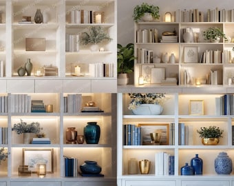 May include: A collection of white bookshelves filled with books, decorative vases, and framed artwork. The shelves are illuminated with warm lighting, creating a cozy and inviting atmosphere. The overall theme is home decor and organization.