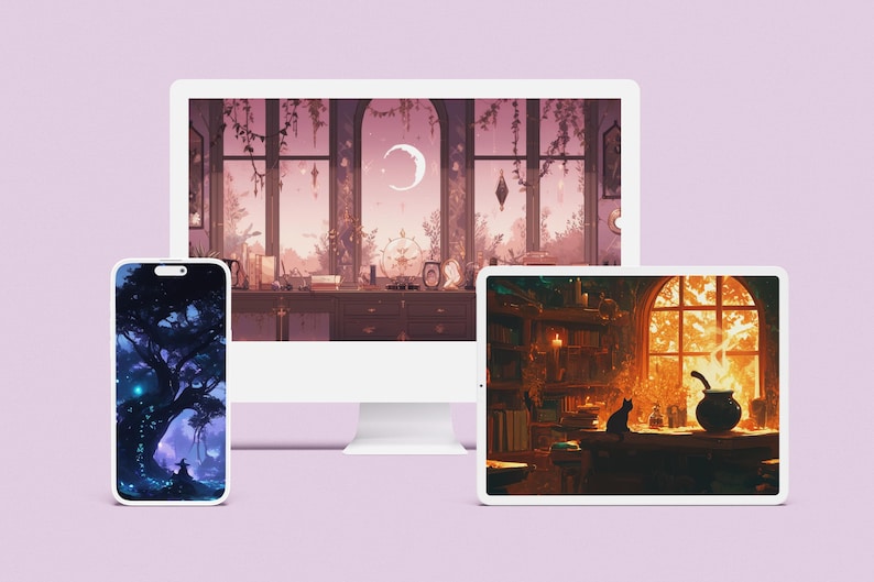 Computer. tablet, and phone view of the lofi witchy wallpaper pack