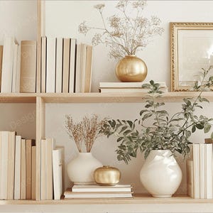Peut inclure: Une étagère en bois remplie de livres, de plantes et d'objets décoratifs. Les livres sont dans des tons neutres, et la décoration comprend des vases dorés, un cadre photo et une bouteille en verre. L'esthétique générale est minimaliste et élégante.