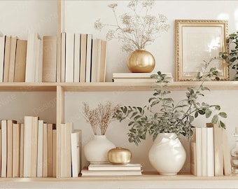 Neutralne tło do powiększania półki na książki: Boho Home Office (pobranie cyfrowe, plik JPG)
