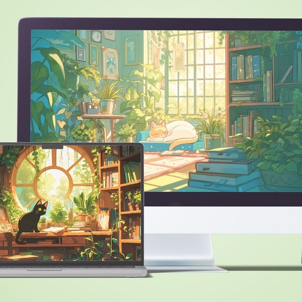 Book Cat Wallpaper - Anime Wallpapers Pack - Studio Ghibli-Inspired Cats - Ultrawide Wallpaper, Phone, Desktop, Tablet - 20 Lofi Wallpapers