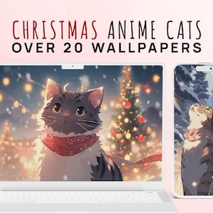 Christmas Anime Cat Wallpaper Bundle - Studio Ghibli Inspired - 20 Holiday Lofi Cat Anime Wallpapers for Phone, Desktop, iPad and Ultrawide