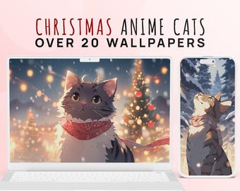 Christmas Anime Cat Wallpaper Bundle - Studio Ghibli Inspired - 20 Holiday Lofi Cat Anime Wallpapers for Phone, Desktop, iPad and Ultrawide