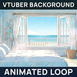 May include: An animated VTuber background featuring a bedroom with a large window overlooking a beach. The room has a bed, a dresser, and a wicker basket. The text "VTUBER BACKGROUND" and "ANIMATED LOOP" are displayed.