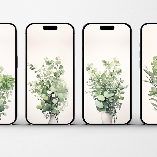 Eucalyptus Mobile Wallpapers, Botanical Wallpaper Set for iPhone, Minimalist Greenery Backgrounds, Watercolor Plant Aesthetic for Smartphone