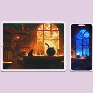 Tablet and phone view of the lofi witchy wallpaper pack