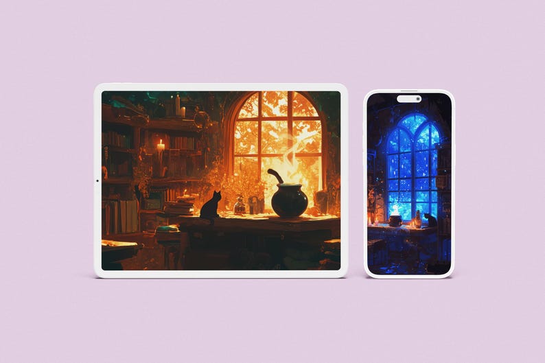 Tablet and phone view of the lofi witchy wallpaper pack