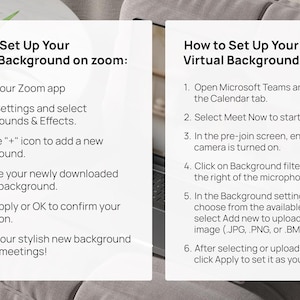 May include: A white card with black text explaining how to set up a virtual background on Zoom and Microsoft Teams. The Zoom instructions include opening the Zoom app, going to settings, selecting backgrounds and effects, tapping the plus icon to add a new background, choosing a downloaded virtual background, clicking apply or OK to confirm the selection, and enjoying the new background during meetings. The Teams instructions include opening Microsoft Teams, navigating to the calendar tab, selecting Meet Now to start a meeting, ensuring the camera is turned on in the pre-join screen, clicking on background filters located to the right of the microphone switch, choosing from available images or adding a new image in JPG, PNG, or BMP format, and clicking apply to set the image as the background.