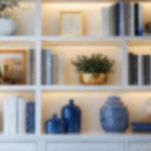 May include: A white bookshelf with five shelves filled with books, decorative items, and plants. The shelves are lit with warm white lights. The items on the shelves include books, a framed picture, a gold vase, a gold plant pot, a blue vase, and a blue and white vase.