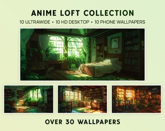 Fondo de pantalla ultraancho Lofi - Fondo de pantalla Plant Loft - Paquete de fondos de pantalla de anime - Fondos de pantalla de Studio Ghibli para teléfono, computadora, tableta, paquete de fondos de pantalla