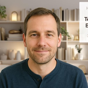 May include: A man wearing a dark blue Henley shirt. The background features a bookshelf with books, plants, and decorative items. Text in the upper right corner reads "High Resolution Teams/Zoom Background 3840x2160px."