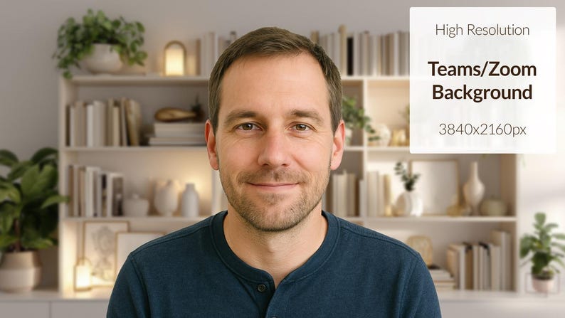 May include: A man wearing a dark blue Henley shirt. The background features a bookshelf with books, plants, and decorative items. Text in the upper right corner reads "High Resolution Teams/Zoom Background 3840x2160px."
