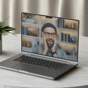May include: A silver laptop computer with a man on the screen looking surprised with his hands on his cheeks. The man is wearing a blue denim shirt, a black beanie, and glasses.